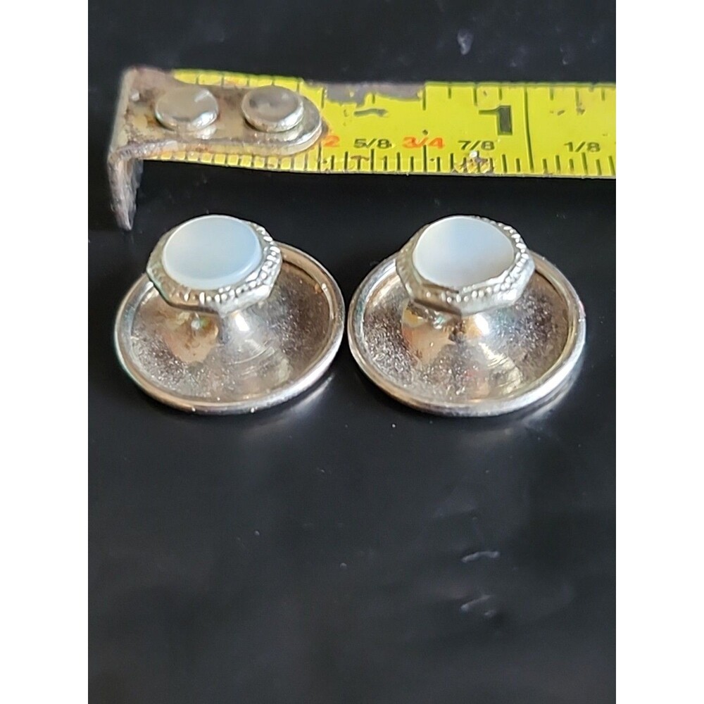 Antique Snap Cufflinks – Mother of Pearl & Black Silver Round – Vintage Collecti